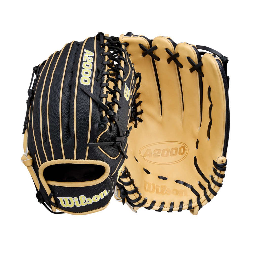 A pair of Wilson A2000 OT7SS 12.75" Baseball Gloves (WBW1041831275) by Wilson, with black and tan leather and black laces, shown front and back on a white background.
