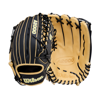 A pair of Wilson A2000 OT7SS 12.75" Baseball Gloves (WBW1041831275) by Wilson, with black and tan leather and black laces, shown front and back on a white background.