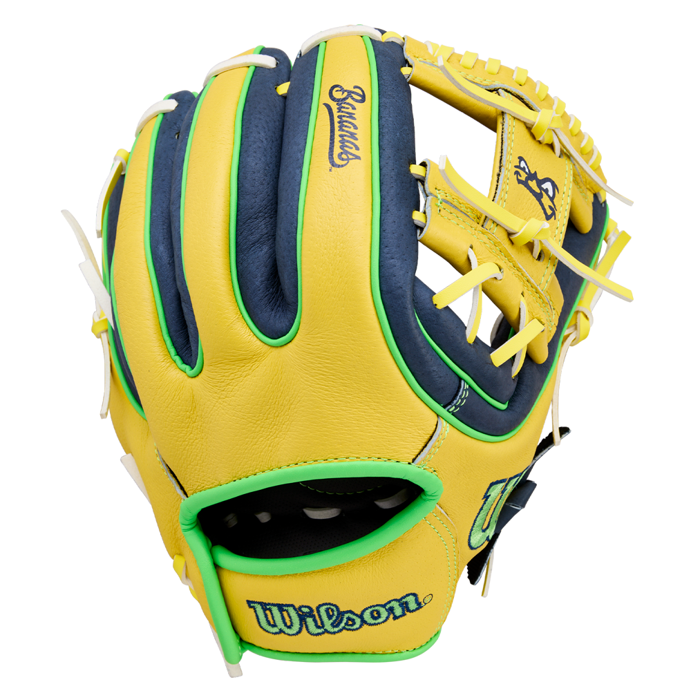 The Wilson A450 Savannah Bananas 11" Youth Baseball Glove (WBW10419211) features yellow, navy, and green colors with white laces, "Wilson" embroidered on the wrist, and Savannah Bananas branding by the thumb.