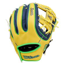 The Wilson A450 Savannah Bananas 11" Youth Baseball Glove (WBW10419211) features yellow, navy, and green colors with white laces, "Wilson" embroidered on the wrist, and Savannah Bananas branding by the thumb.