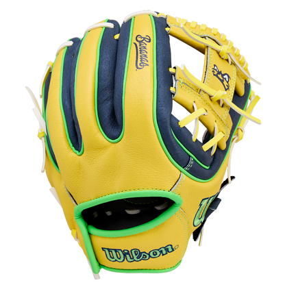 The Wilson A450 Savannah Bananas 11" Youth Baseball Glove (WBW10419211) features yellow, navy, and green colors with white laces, "Wilson" embroidered on the wrist, and Savannah Bananas branding by the thumb.
