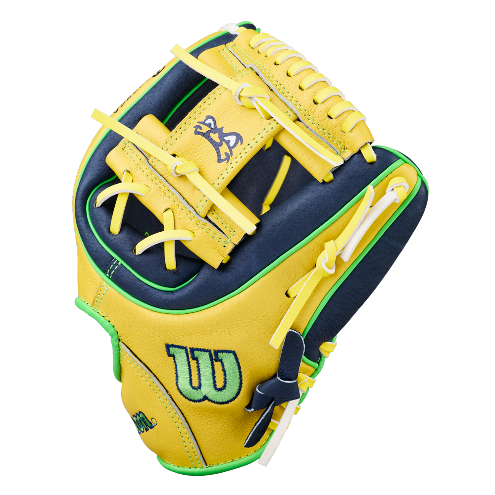 The Wilson A450 Savannah Bananas 11" Youth Baseball Glove (WBW10419211) features a yellow and navy design with green accents, a large "W" logo, decorative stitching, and H-Web style, shown on a plain white background.
