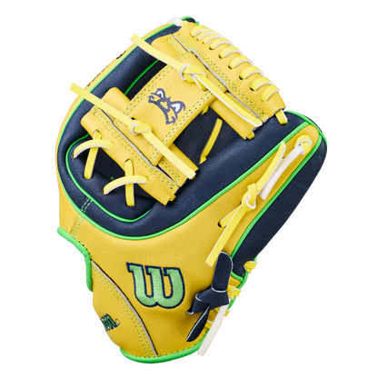 The Wilson A450 Savannah Bananas 11" Youth Baseball Glove (WBW10419211) features a yellow and navy design with green accents, a large "W" logo, decorative stitching, and H-Web style, shown on a plain white background.
