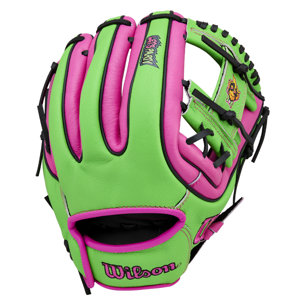 A Wilson A450 Party Animals 11″ Youth Baseball Glove (WBW10419411) in vibrant neon green and pink with black laces and prominent Wilson branding on the thumb, displayed against a white background.