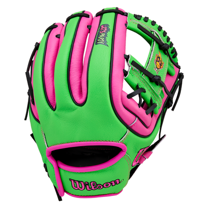 A Wilson A450 Party Animals 11″ Youth Baseball Glove (WBW10419411) in vibrant neon green and pink with black laces and prominent Wilson branding on the thumb, displayed against a white background.