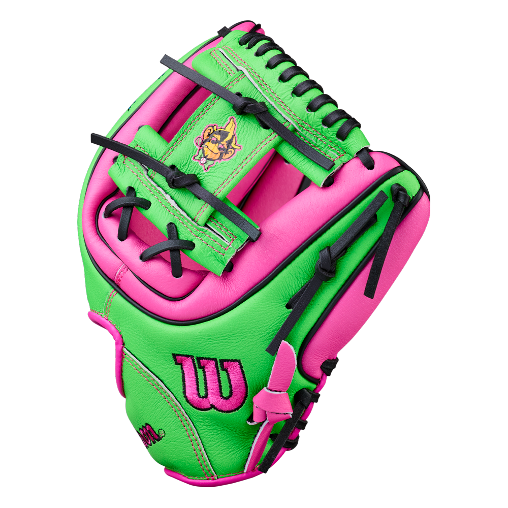 A vibrant neon green and pink Wilson A450 Party Animals 11″ Youth Baseball Glove (model WBW10419411) for youth, featuring black laces, the Wilson logo, and a small graphic of a monkey wearing sunglasses on the palm, all against a white background.
