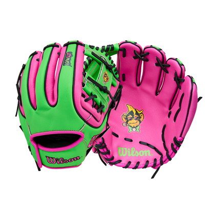 Two Wilson A450 Party Animals 11″ Youth Baseball Gloves in bright green and pink, each featuring black laces, embroidered cartoon dog faces, and the Wilson logo stitched on the palms. These gloves from Wilson’s Party Animals collection offer a classic H-Web design for youth players who want to bring extra fun to the game.