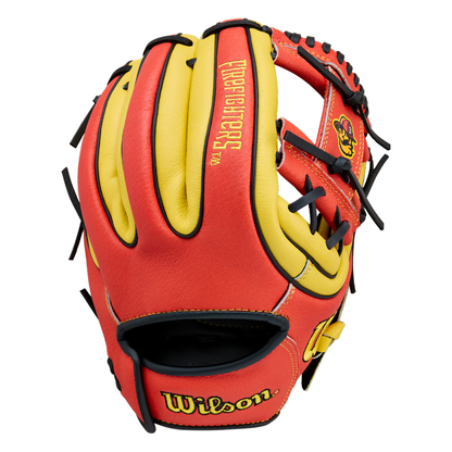 The Wilson A450 Firefighters 11″ Youth Baseball Glove (WBW10419611) by Wilson features a vibrant red and yellow design with black laces, showcases A2000 and Wilson logos, and includes the signature H-Web pattern for enhanced youth performance.