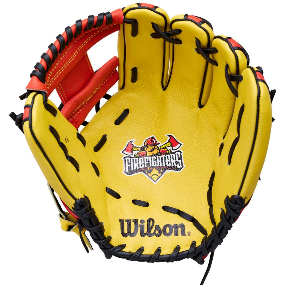 The Wilson A450 Firefighters 11″ Youth Baseball Glove (WBW10419611) by Wilson features a yellow design with black laces, red accents, and the classic Wilson H-Web. The palm displays a distinctive Firefighters logo with a helmet and axes, making this youth glove both stylish and perfect for young players.