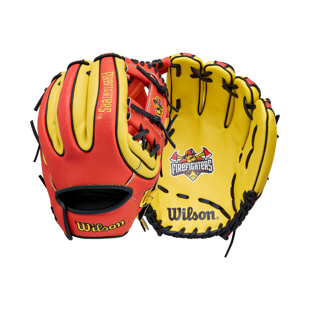Two Wilson A450 Firefighters 11″ Youth Baseball Gloves by Wilson are shown—one highlighting the striking red and yellow exterior, the other displaying its yellow interior with a Firefighters glove logo and contrasting black lacing. Perfect as a youth baseball glove, this model features the classic Wilson H-Web design for an ideal blend of style and on-field performance.