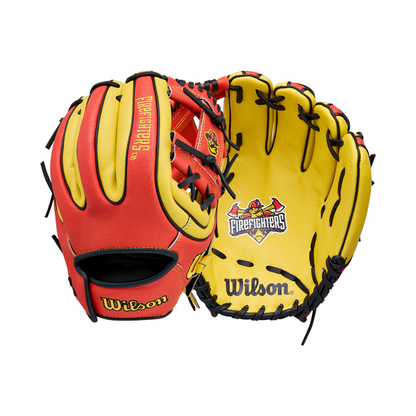 Two Wilson A450 Firefighters 11″ Youth Baseball Gloves by Wilson are shown—one highlighting the striking red and yellow exterior, the other displaying its yellow interior with a Firefighters glove logo and contrasting black lacing. Perfect as a youth baseball glove, this model features the classic Wilson H-Web design for an ideal blend of style and on-field performance.