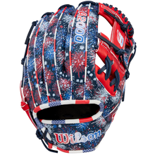 The Wilson A2000 1975SS 11.75" Baseball Glove (GOTM July 2025) features Pro Stock leather and a red, white, and blue fireworks design with stars, stripes, and the Wilson logo on the wrist.