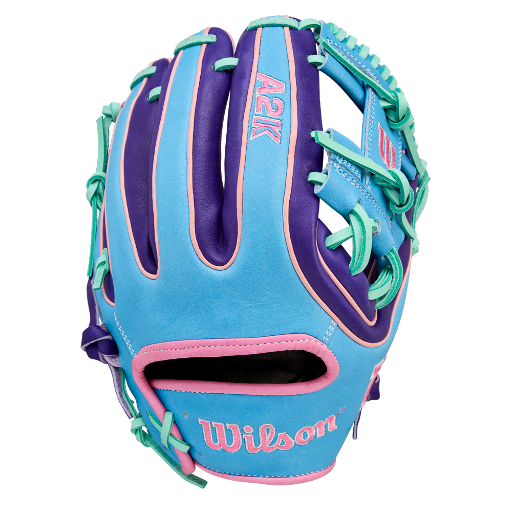 The Wilson A2K 1720 11.5" Baseball Glove - GOTM October 2025 (WBW104220115) features light blue, purple, and teal with pink accents, Pro Stock Select leather, and "Wilson" embroidered near the wrist on the back.