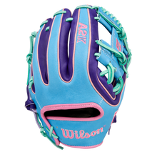 The Wilson A2K 1720 11.5" Baseball Glove - GOTM October 2025 (WBW104220115) features light blue, purple, and teal with pink accents, Pro Stock Select leather, and "Wilson" embroidered near the wrist on the back.
