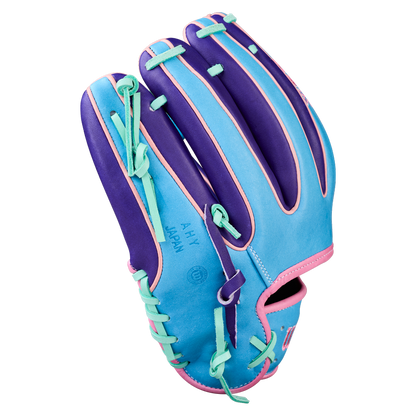 The Wilson A2K 1720 11.5" Baseball Glove - GOTM October 2025 features bright blue, purple, pink, and teal accents. Shown palm-side up on a plain white background with visible finger slots.