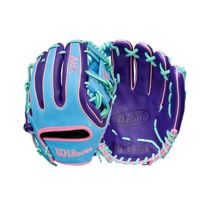 Shown front and back on a white background, the Wilson A2K 1720 11.5" Baseball Glove - GOTM October 2025 (WBW104220115) features purple with light blue, teal, and pink accents, and is crafted from Pro Stock Select leather.