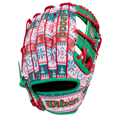 The Wilson A2000 1975 11.75" Baseball Glove (GOTM December 2025) features a festive red, green, and white holiday sweater pattern with bright “A2000” and “Wilson” stitching.