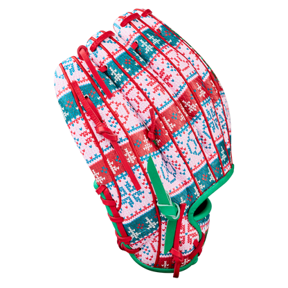 The Wilson A2000 1975 11.75" Baseball Glove (GOTM December 2025) features a festive red, green, and white holiday pattern with snowflakes and geometric designs, red laces, green trim, and Pro Stock leather for premium performance.