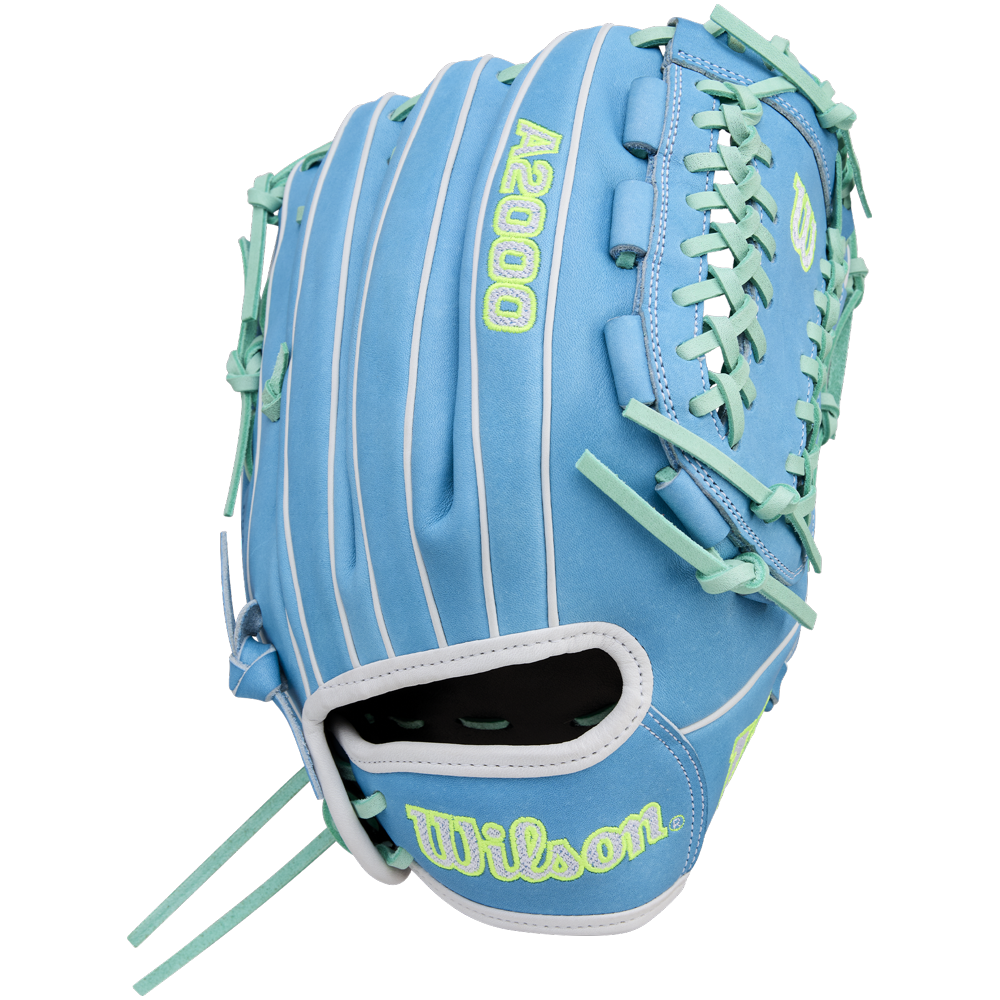 The Wilson A2000 FPHG 12" Fastpitch Glove (WBW10423512) features blue and teal Pro Stock leather, yellow-green D2000 and Wilson stitching, white piping, and teal laces, displayed on a plain white background.