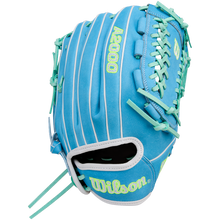 The Wilson A2000 FPHG 12" Fastpitch Glove (WBW10423512) features blue and teal Pro Stock leather, yellow-green D2000 and Wilson stitching, white piping, and teal laces, displayed on a plain white background.