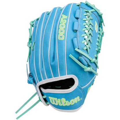 The Wilson A2000 FPHG 12" Fastpitch Glove (WBW10423512) features blue and teal Pro Stock leather, yellow-green D2000 and Wilson stitching, white piping, and teal laces, displayed on a plain white background.