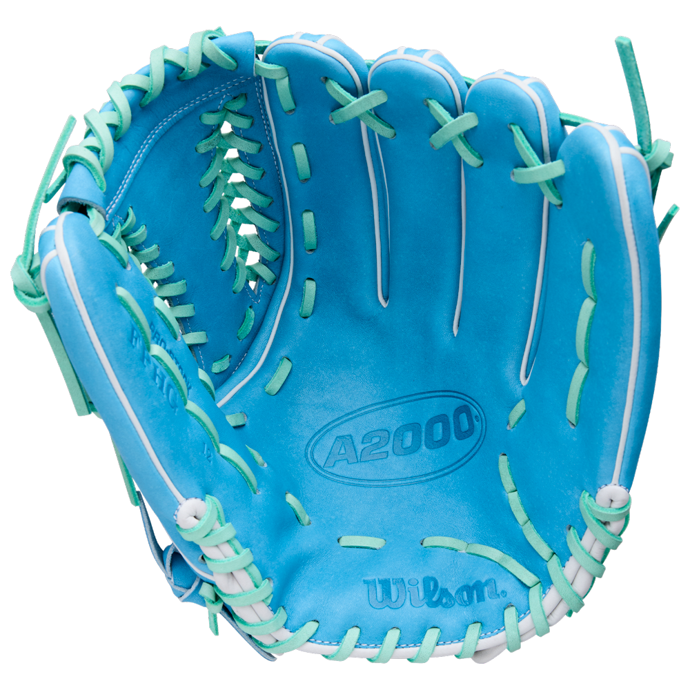 The Wilson A2000 FPHG 12" Fastpitch Glove (WBW10423512) by Wilson features bright blue Pro Stock leather, light green laces, and white trim, shown open with the palm and webbing in view.