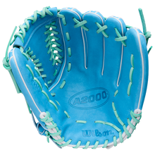 The Wilson A2000 FPHG 12" Fastpitch Glove (WBW10423512) by Wilson features bright blue Pro Stock leather, light green laces, and white trim, shown open with the palm and webbing in view.