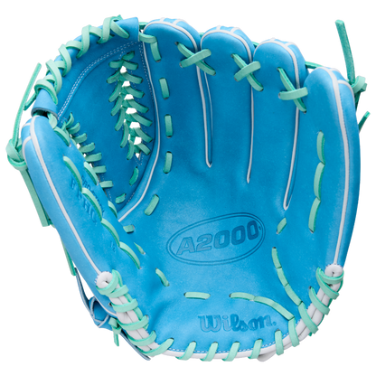 The Wilson A2000 FPHG 12" Fastpitch Glove (WBW10423512) by Wilson features bright blue Pro Stock leather, light green laces, and white trim, shown open with the palm and webbing in view.