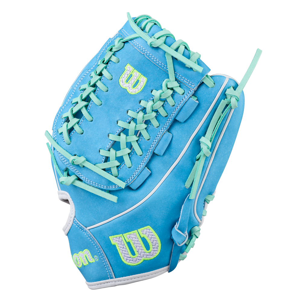 The Wilson A2000 FPHG 12" Fastpitch Glove (WBW10423512) features sky blue Pro Stock leather, teal laces, and green embroidered Wilson logos, displayed on a white background.