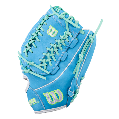 The Wilson A2000 FPHG 12" Fastpitch Glove (WBW10423512) features sky blue Pro Stock leather, teal laces, and green embroidered Wilson logos, displayed on a white background.