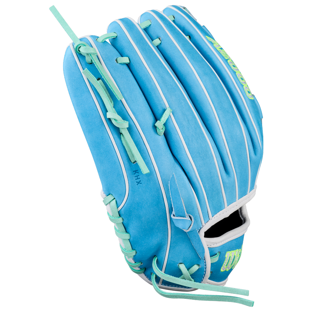 The Wilson A2000 FPHG 12" Fastpitch Glove (WBW10423512) by Wilson features a light blue design with white accents and mint green laces, crafted from Pro Stock leather. It appears new and unused, shown on a white background.
