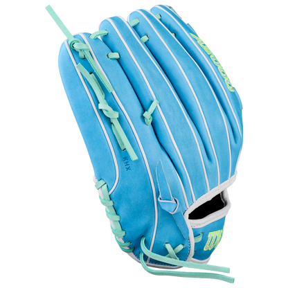 The Wilson A2000 FPHG 12" Fastpitch Glove (WBW10423512) by Wilson features a light blue design with white accents and mint green laces, crafted from Pro Stock leather. It appears new and unused, shown on a white background.