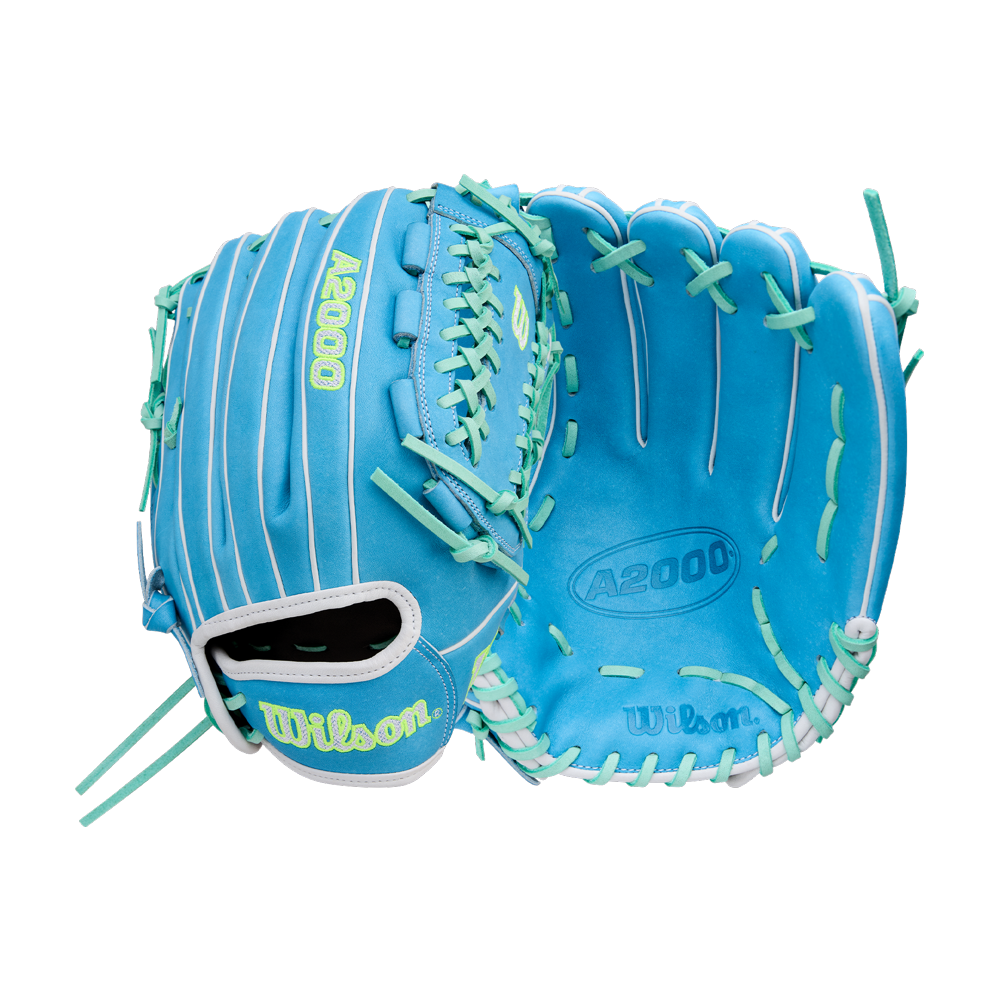 A pair of Wilson A2000 FPHG 12" fastpitch gloves in light blue with mint green laces and yellow branding, made from Pro Stock leather, shown front and back on a white background.