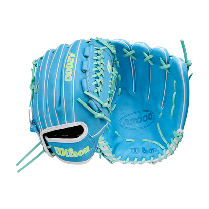 A pair of Wilson A2000 FPHG 12" fastpitch gloves in light blue with mint green laces and yellow branding, made from Pro Stock leather, shown front and back on a white background.