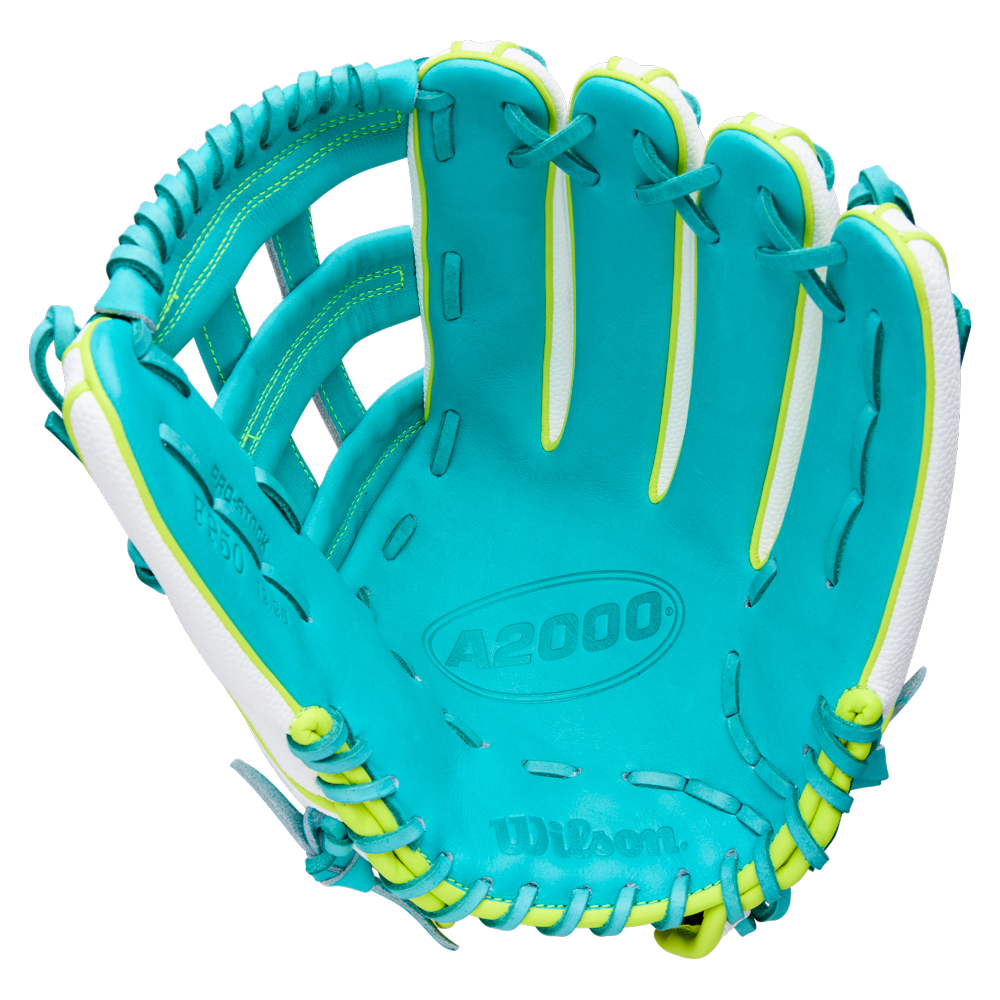 A close-up of the Wilson A2000 FP50SS 12.25" Fastpitch Glove (WBW1042371225), expertly crafted with Pro Stock leather.