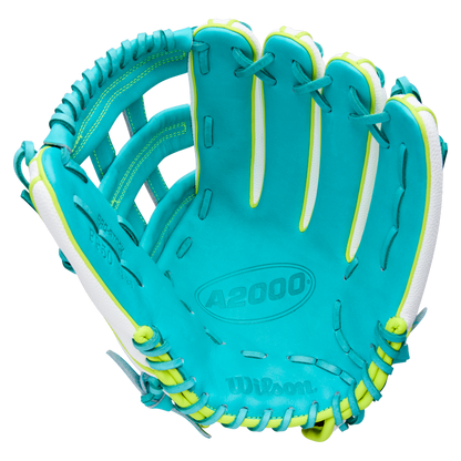 A close-up of the Wilson A2000 FP50SS 12.25" Fastpitch Glove (WBW1042371225), expertly crafted with Pro Stock leather.
