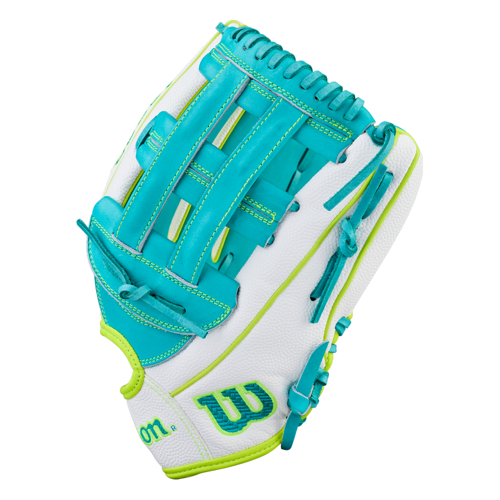 The Wilson A2000 FP50SS 12.25" Fastpitch Glove (WBW1042371225) features a turquoise and white design with neon yellow accents and turquoise lacing, crafted from Pro Stock leather, shown on a plain white background.