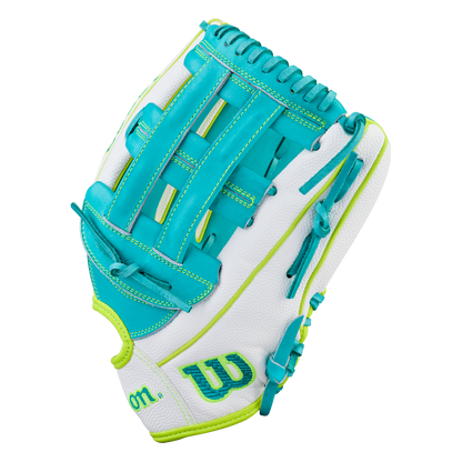 The Wilson A2000 FP50SS 12.25" Fastpitch Glove (WBW1042371225) features a turquoise and white design with neon yellow accents and turquoise lacing, crafted from Pro Stock leather, shown on a plain white background.