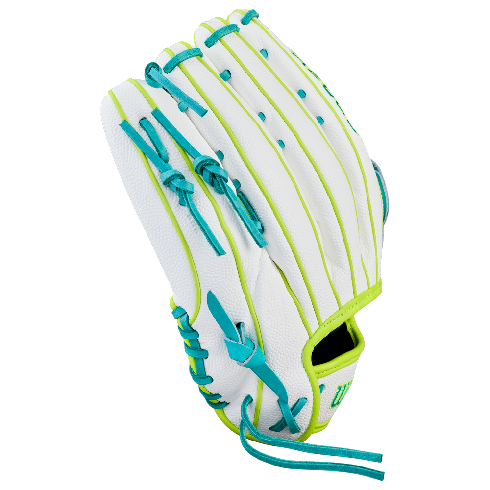 The Wilson A2000 FP50SS 12.25" Fastpitch Glove, crafted with Pro Stock leather in white with light blue laces and neon green accents, is shown from the back against a plain white background.