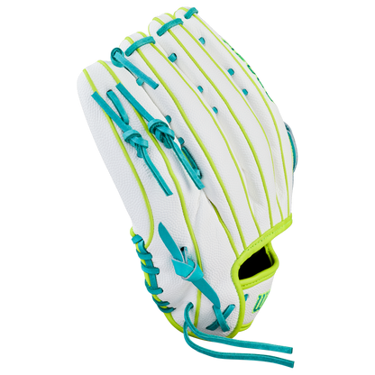The Wilson A2000 FP50SS 12.25" Fastpitch Glove, crafted with Pro Stock leather in white with light blue laces and neon green accents, is shown from the back against a plain white background.