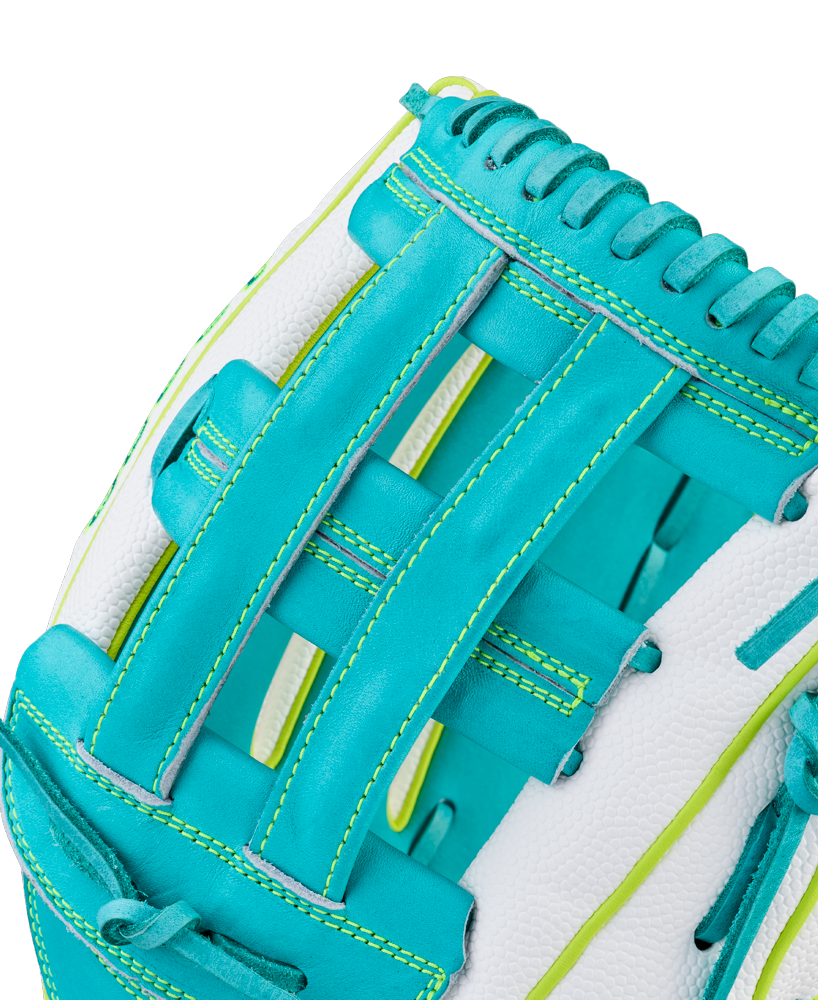 Close-up of the Wilson A2000 FP50SS 12.25" Fastpitch Glove by Wilson, shown in turquoise and white with yellow stitching, Pro Stock leather, SuperSkin accents, an open web design, and detailed leather texture.