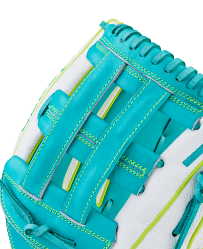 Close-up of the Wilson A2000 FP50SS 12.25" Fastpitch Glove by Wilson, shown in turquoise and white with yellow stitching, Pro Stock leather, SuperSkin accents, an open web design, and detailed leather texture.