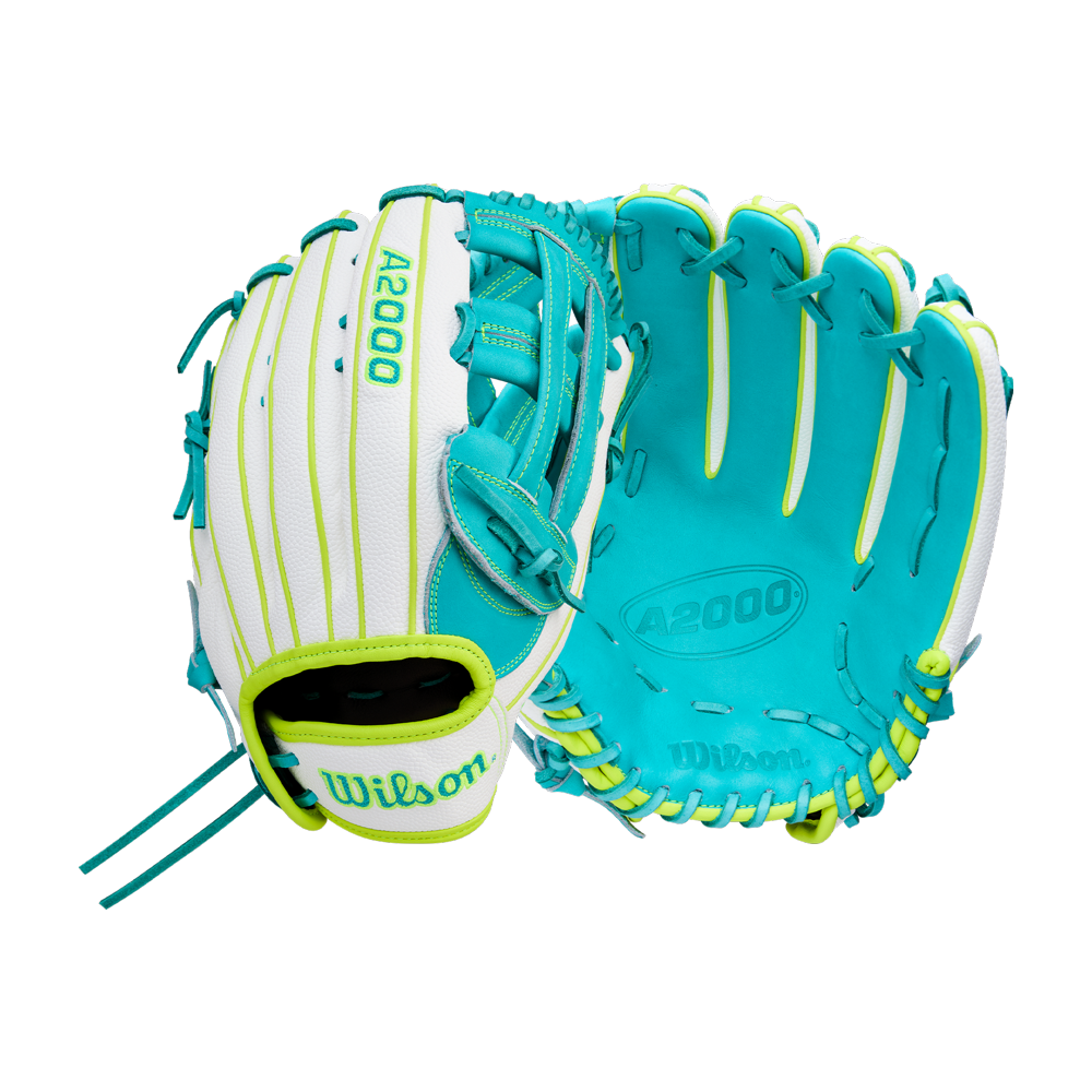 Two turquoise, white, and yellow Wilson A2000 FP50SS 12.25" Fastpitch Gloves are shown—one with the webbed pocket visible, the other displaying Wilson and A2000 labels. Made with Pro Stock leather and SuperSkin for outfield fastpitch softball.