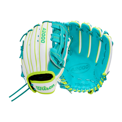 Two turquoise, white, and yellow Wilson A2000 FP50SS 12.25" Fastpitch Gloves are shown—one with the webbed pocket visible, the other displaying Wilson and A2000 labels. Made with Pro Stock leather and SuperSkin for outfield fastpitch softball.