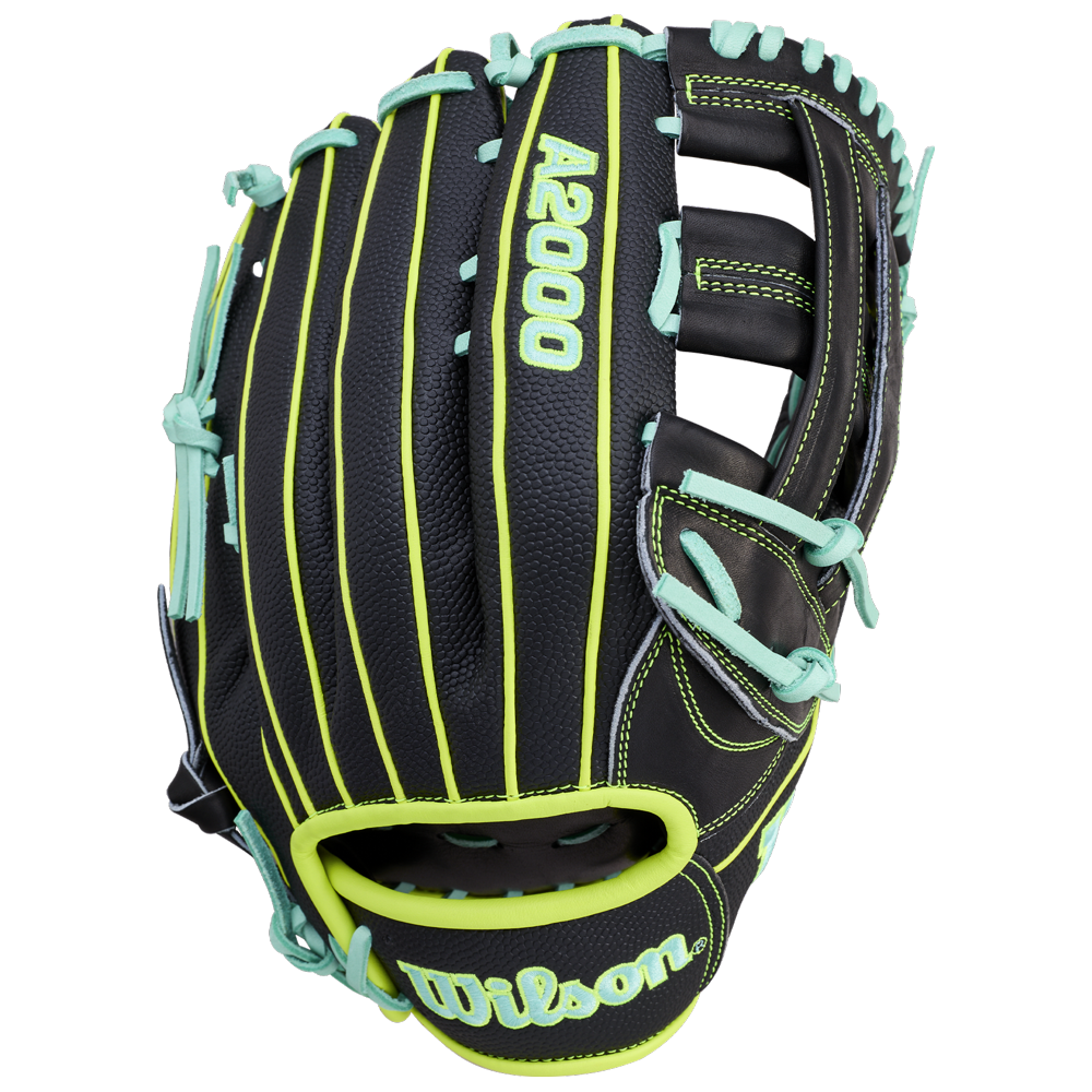 The Wilson A2000 1750SS 12.5" Baseball Glove (WBW104599125) by Wilson features a black design with neon green accents, light blue laces, visible back stitching and webbing, and is crafted from durable Pro Stock leather.