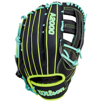 The Wilson A2000 1750SS 12.5" Baseball Glove (WBW104599125) by Wilson features a black design with neon green accents, light blue laces, visible back stitching and webbing, and is crafted from durable Pro Stock leather.