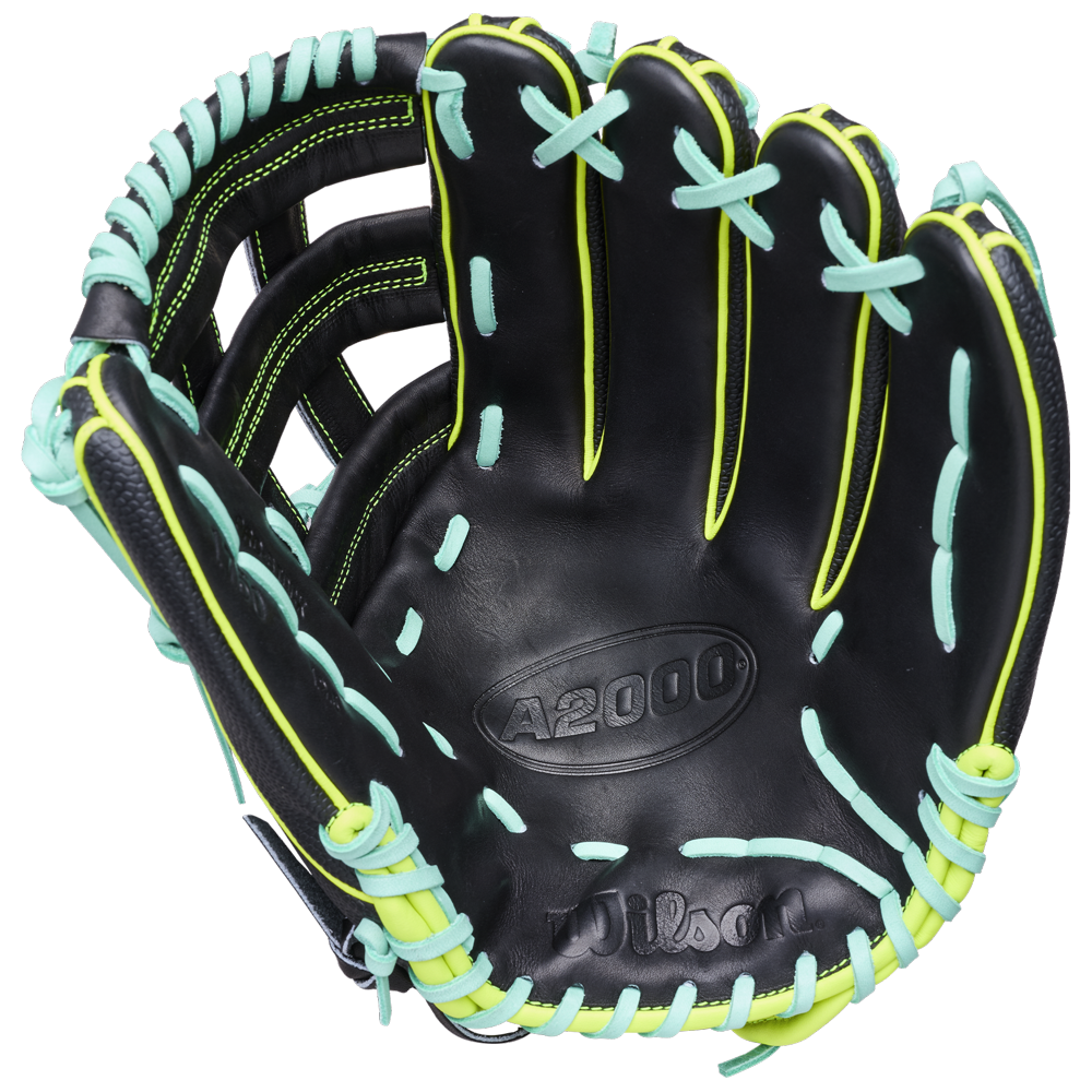 The Wilson A2000 1750SS 12.5" Baseball Glove (WBW104599125) by Wilson features a black design with neon blue and yellow laces, shown open from above to display its pocket, webbing, and premium Pro Stock leather construction.