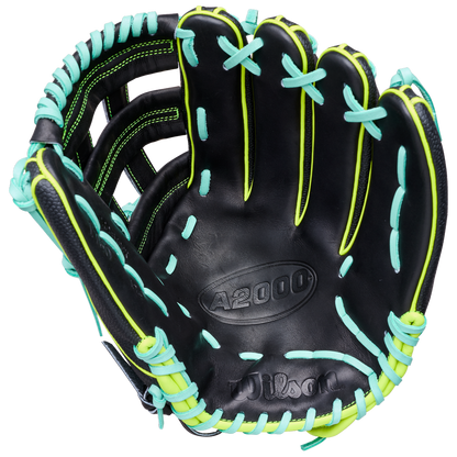 The Wilson A2000 1750SS 12.5" Baseball Glove (WBW104599125) by Wilson features a black design with neon blue and yellow laces, shown open from above to display its pocket, webbing, and premium Pro Stock leather construction.
