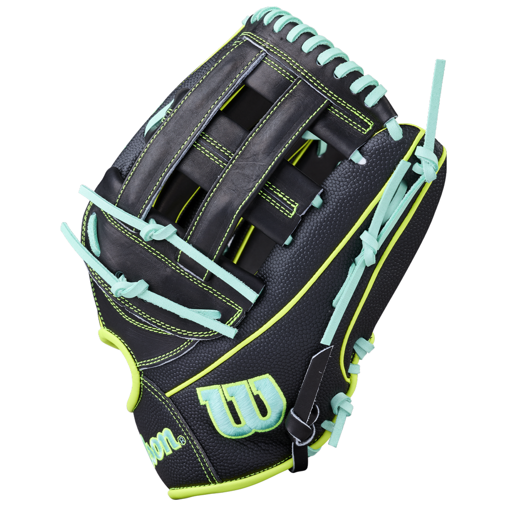 The Wilson A2000 1750SS 12.5" Baseball Glove (WBW104599125) features a black design with bright blue laces, neon green stitching, woven web, thumb Wilson logo, and durable Pro Stock leather construction.