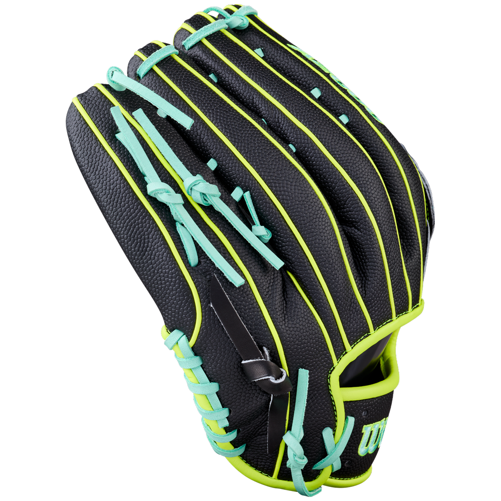 The Wilson A2000 1750SS 12.5" Baseball Glove by Wilson features Pro Stock black leather, bright turquoise laces, and neon yellow accents, displayed with the palm side facing away on a white background.